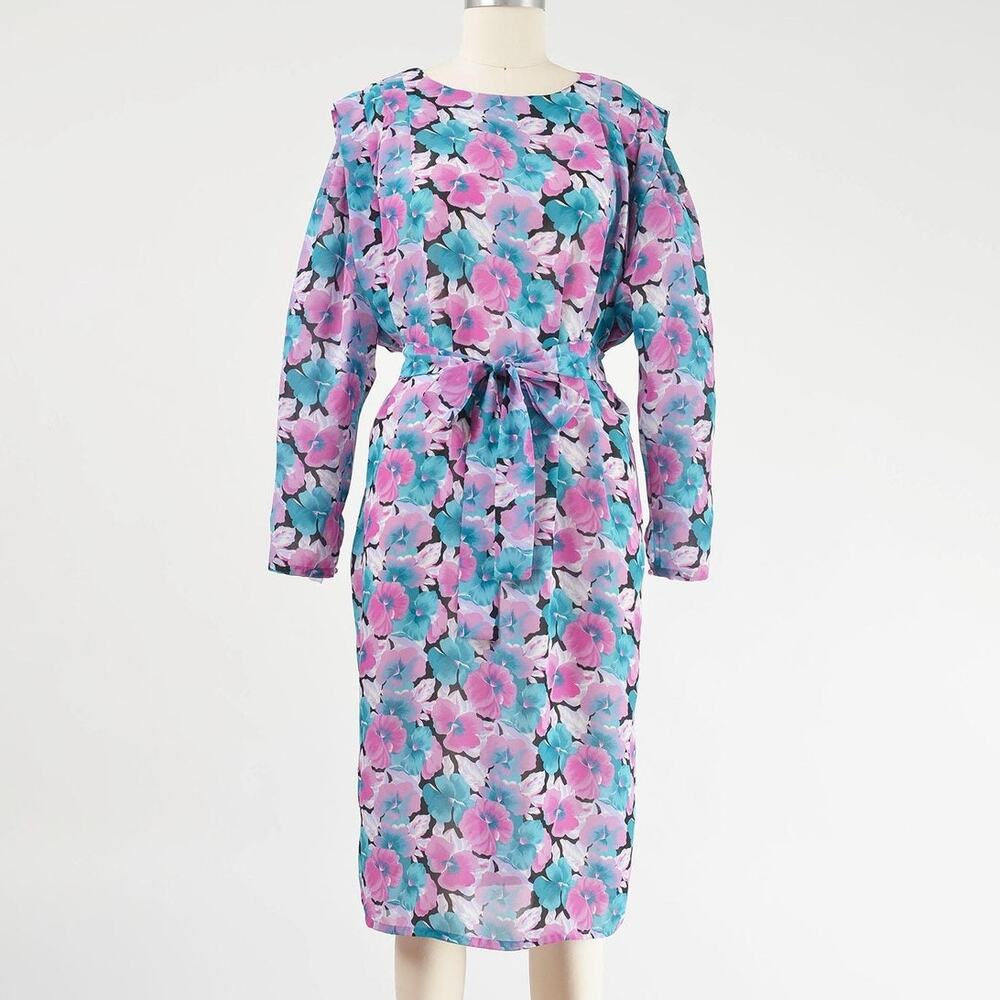 Vintage 80s Semi Sheer Floral Dolman Sleeve Slouchy Fit Midi Dress Belt XS S